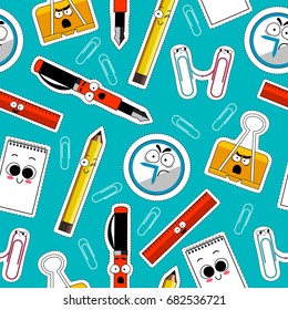 Back To School Seamless Background. Office and School suppllies colored vector. Cartoon Funny Emoticons. Vector.