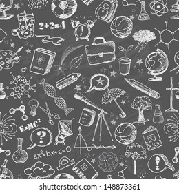 Back to school - seamless background on blackboard. Can be used for wallpaper, pattern fills, textile, web page background, surface textures. Vector illustration. 