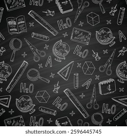 Back to school - seamless background on blackboard. Can be used for wallpaper, pattern fills, textile, web page background, surface textures. Vector illustration.