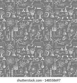 Back to school seamless background. Physics and chemistry. Can be used for wallpaper, pattern fills, textile, web page background, surface textures. Vector illustration. 