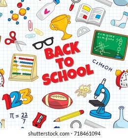 Back to school seamless background with school supplies icon