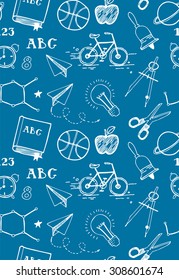 Back to school seamless background with school themed doodles.