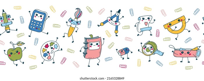 Back to School Seamless Banner. Cute School Supplies Repeating Border Pattern for Kids Design. Dancing Happy Education Characters.  Vector illustration. Kawaii Style