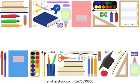 Back to school. Seamless border, advertising template with school supplies. Set of school stationery in a flat cartoon style. Isolated on a white background. Website design concept, teaching children