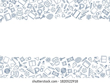 Back to School seamless chalk drawn icon pattern. Education symbols line art  border background.