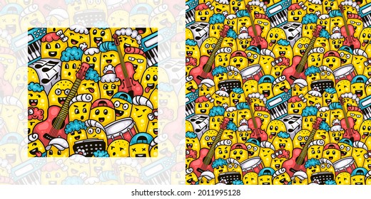 Back to school seamless doodle pattern of kids with musical instruments and notes | Pattern swatch included