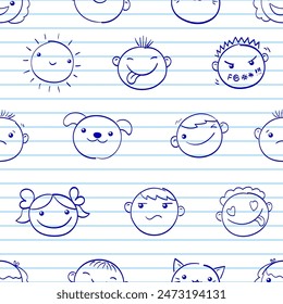 Back to school. Seamless graph paper pattern with hand drawn sketches. Notebook page template. Grid paper sheet of school notebook with scribbled emoji faces in vary facial expressions. Vector EPS8