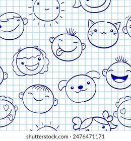 Back to school. Seamless graph paper pattern with hand drawn sketches. Notebook page template. Grid paper sheet of school notebook with scribbled emoji faces in vary facial expressions. Vector EPS8