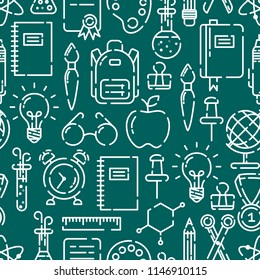 Back to school seamless outline pattern, icons of school supplies. Welcome back to school background. Green chalkboard background. Learning and education. Vector illustration, eps 10.