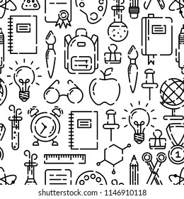 Back to school seamless outline pattern, icons of school supplies. Welcome back to school background. Learning and education. Vector illustration, eps 10.