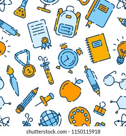 Back to school seamless outline pattern, icons of school supplies. Welcome back to school background. Learning and education. Vector illustration, eps 10.