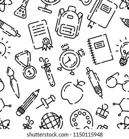Back to school seamless outline pattern, icons of school supplies. Welcome back to school background. Learning and education. Vector illustration, eps 10.