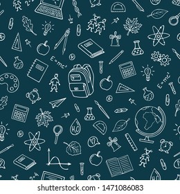 Back To School seamless Pattern Background.  Graphic by hand. Vector Pattern for wallpaper wrapping paper. Illustration  with modern line icons school supplies. Set of drawings related to the school.