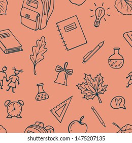 Back To School seamless Pattern Background.  Graphic by hand. Vector Pattern for wallpaper wrapping paper. Illustration with modern line icons school supplies. Set of drawings related to the school.