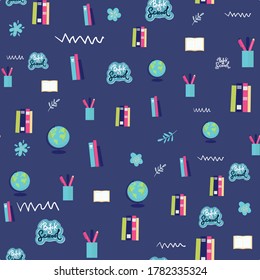 Back to school - seamless pattern background globe books, pens pencils on white background. for wallpaper, pattern fills, textile, web page background, surface textures. Vector illustration.