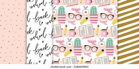 Back to school seamless pattern and background set. Girly pink, white and gold repeat design for notebook cover or stationery print. Cute writing supplies, planner, succulent plant, vector clipart.