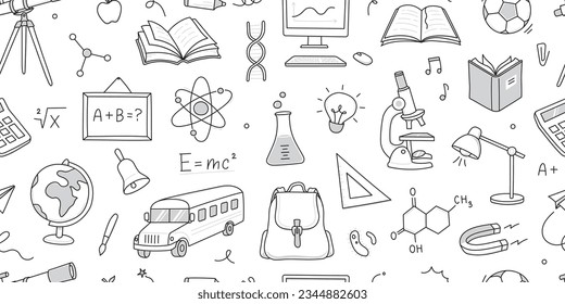 Back to school seamless pattern background. Hand drawn line doodle sketch style back to school pattern. Hand drawn book, bag, globe education elements background. Vector illustration.