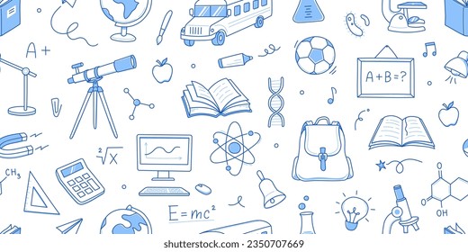 Back to school seamless pattern background. Hand drawn line doodle sketch style back to school pattern. Hand drawn book, bag, globe education elements background. Vector illustration.