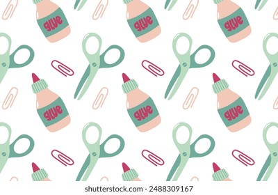 Back to school seamless pattern background. Glue and scissors.