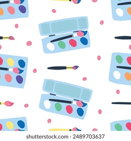 Back to school seamless pattern and background, school supplies backdrop with paints and brushes. Vector illustration in simple style. Template for notebook covers, pattern for wallpapers, textile