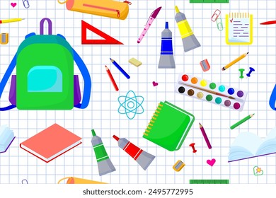 Back to school seamless pattern. a backpack, a pencil case, pens, pencils, books and other educational supplies against the background of a checkered notebook sheet. Vector

