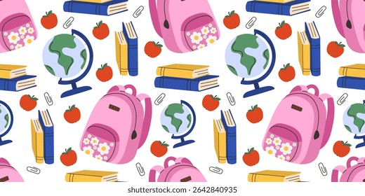  Back to school seamless pattern with backpack, books, calculator, glue and apples. Colorful vector background with school supplies: blue and green backpack, stacked textbooks, calculator with digits.