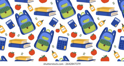  Back to school seamless pattern with backpack, books, calculator, glue and apples. Colorful vector background with school supplies: blue and green backpack, stacked textbooks, calculator with digits.