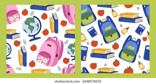 Back to school seamless pattern with backpacks, books, and school supplies — colorful vector illustration with educational textbooks, globes, calculators, glue bottles, paper clips, and apples. 