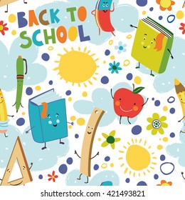 Back to school. Seamless pattern with books, pens, pencils, apple, sun and clouds.