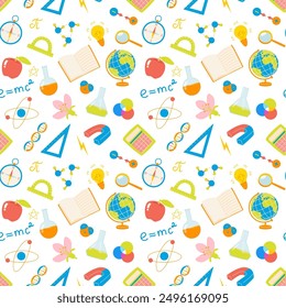 Back to school seamless pattern with bright colorful illustrations of school subjects: science,chemistry, biology, geography, art. Background with kids education elements