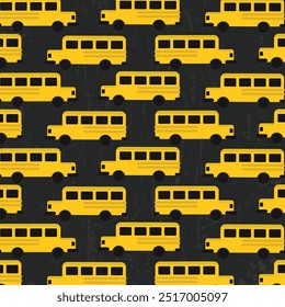 De volta à escola. Padrão contínuo com ônibus escolar em um fundo azul. Ilustração de vetor infinita ladrilhável.