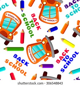 back to school seamless pattern with school bus and pencils. Vector illustration