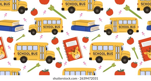 Back to school seamless pattern with school buses, books, apples, pencils, and notebooks. Educational vector with yellow school buses, red apples, spiral notebooks with animal faces, stacked textbooks
