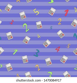 Back to school seamless pattern. Calculators and multi-colored numbers on a blue background.