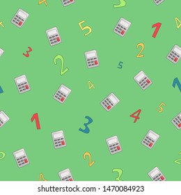 Back to school seamless pattern. Calculators and multi-colored numbers on a green background.
