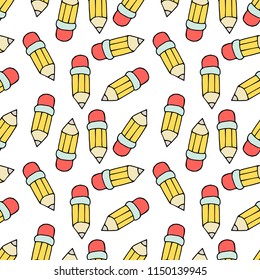 Back to school seamless pattern in cartoon style. Hand drawn illustration. Great for card, poster, print