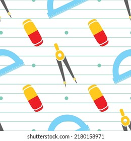 back to school seamless pattern, cartoon colored school supplies on strips background, education items, vector Illustration