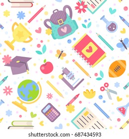 Back to school seamless pattern with cartoon education items in flat style isolated on white background