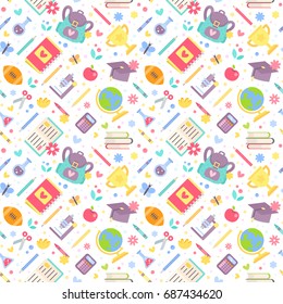 Back to school seamless pattern with cartoon education items in flat style isolated on white background