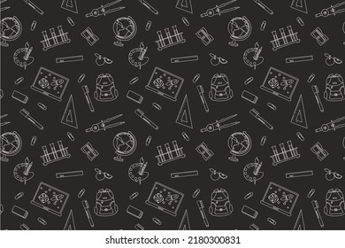 Back To School Seamless Pattern With Chalk Drawing Ruler, Eraser, Backpack, Sharpener, Globe, Apple, Laptop, Compass. Vector Outline Illustration For Teenagers Or Children.