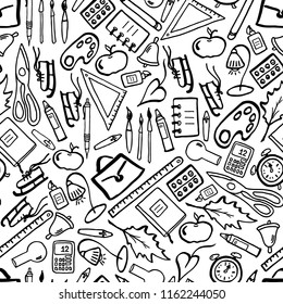 Back to school seamless pattern with classroom supplies. Hand drawn sketchy doodles with icons, pictograms. Schoolbag, ruler, pen, pencil, bulb, apple, bell, skates, lamp, scissors. 