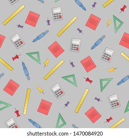 Back to school seamless pattern. Colored school supplies - ruler, notebook, pen, сosine, calculator and push pins. Light gray background.