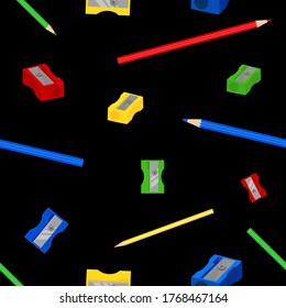 back to school seamless pattern with colorful pencils and sharpeners