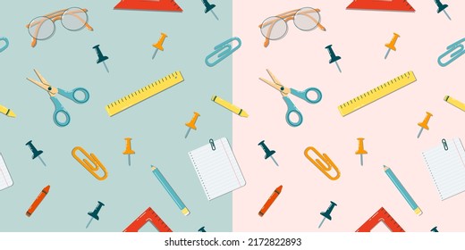 Back to school seamless pattern. Colorful doodle illustration with school supplies. Scissors, pins, clips, glasses, pencil, paper and ruler. Vector background 