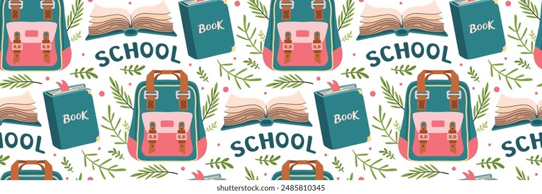 Back to School seamless pattern. Colorful backpack, foliage, open book, great for academic designs. Concept of education. For textile design, packaging, scrapbooking. Vector flat illustration.