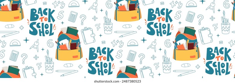Patrón sin fisuras de regreso a la escuela. Mochila colorida y papelería. Elementos de garabatos matemáticos. Concepto de educación. Para el diseño textil, embalaje, scrapbooking. Ilustración plana de Vector.