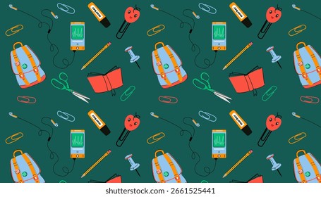 Patrón de vuelta a la escuela sin fisuras: fondo de Vector colorido de papelería, libros y útiles escolares.

