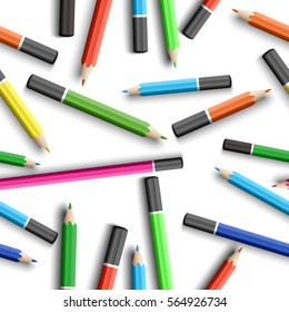 Back to school seamless pattern with colorful wooden pencils in realistic style on white background vector illustration