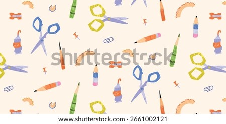 Back to School seamless pattern with colorful school supplies. Scissors, pencils, paper clips, sharpeners, pins, paint tubes and pencil shavings. Vector flat illustration for posters, promo, banners.