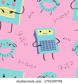 Back to school seamless pattern with cute antropomorphic copybook, calculator and protractor on pastel pink background with mathematical expressions